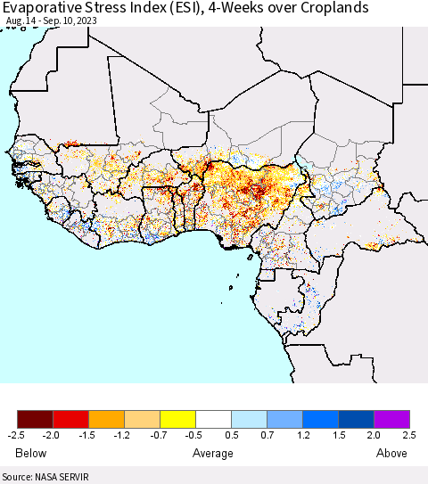 Western Africa Evaporative Stress Index (ESI), 4-Weeks over Croplands Thematic Map For 9/4/2023 - 9/10/2023