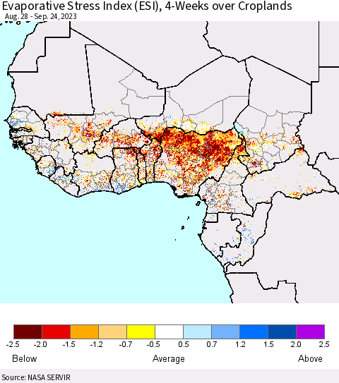 Western Africa Evaporative Stress Index (ESI), 4-Weeks over Croplands Thematic Map For 9/18/2023 - 9/24/2023