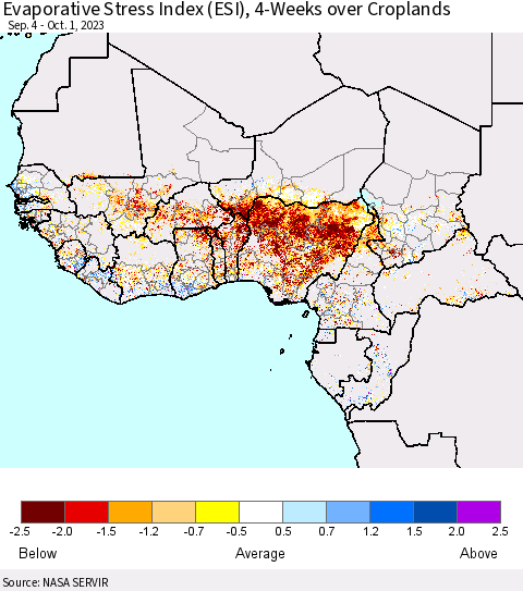 Western Africa Evaporative Stress Index (ESI), 4-Weeks over Croplands Thematic Map For 9/25/2023 - 10/1/2023
