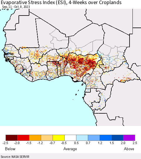 Western Africa Evaporative Stress Index (ESI), 4-Weeks over Croplands Thematic Map For 10/2/2023 - 10/8/2023