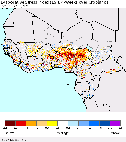 Western Africa Evaporative Stress Index (ESI), 4-Weeks over Croplands Thematic Map For 10/9/2023 - 10/15/2023