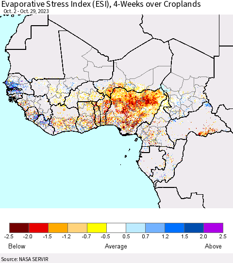 Western Africa Evaporative Stress Index (ESI), 4-Weeks over Croplands Thematic Map For 10/23/2023 - 10/29/2023