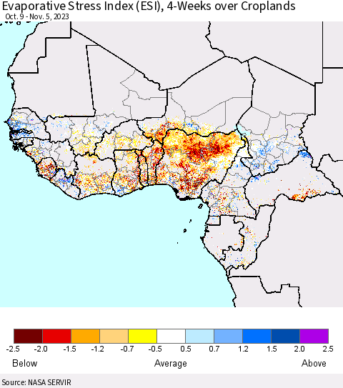 Western Africa Evaporative Stress Index (ESI), 4-Weeks over Croplands Thematic Map For 10/30/2023 - 11/5/2023