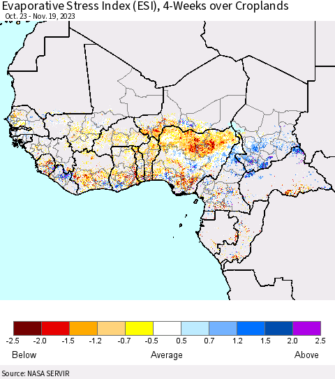 Western Africa Evaporative Stress Index (ESI), 4-Weeks over Croplands Thematic Map For 11/13/2023 - 11/19/2023
