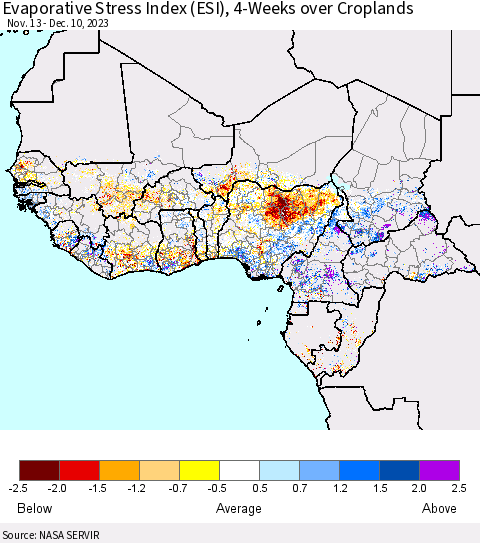 Western Africa Evaporative Stress Index (ESI), 4-Weeks over Croplands Thematic Map For 12/4/2023 - 12/10/2023