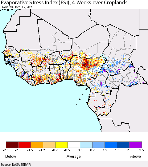 Western Africa Evaporative Stress Index (ESI), 4-Weeks over Croplands Thematic Map For 12/11/2023 - 12/17/2023