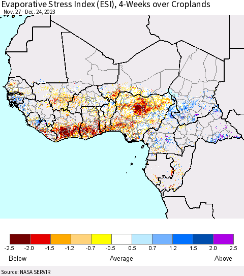 Western Africa Evaporative Stress Index (ESI), 4-Weeks over Croplands Thematic Map For 12/18/2023 - 12/24/2023