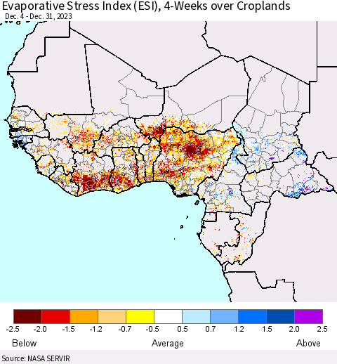 Western Africa Evaporative Stress Index (ESI), 4-Weeks over Croplands Thematic Map For 1/1/2024 - 1/7/2024