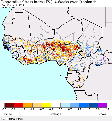 Western Africa Evaporative Stress Index (ESI), 4-Weeks over Croplands Thematic Map For 1/8/2024 - 1/14/2024