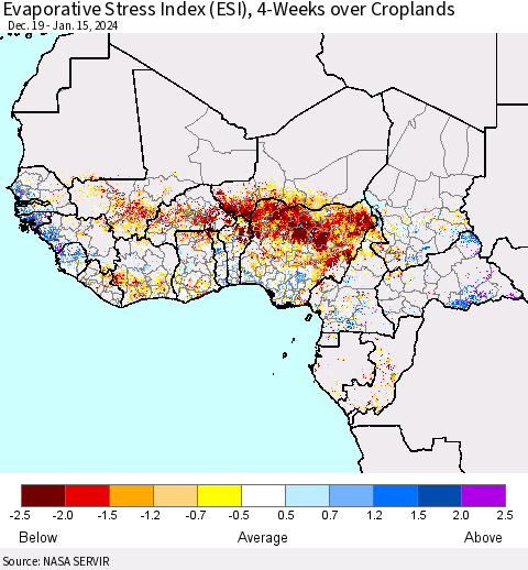 Western Africa Evaporative Stress Index (ESI), 4-Weeks over Croplands Thematic Map For 1/15/2024 - 1/21/2024