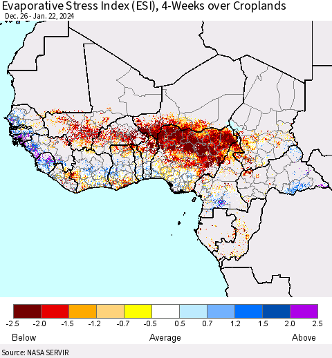 Western Africa Evaporative Stress Index (ESI), 4-Weeks over Croplands Thematic Map For 1/22/2024 - 1/28/2024