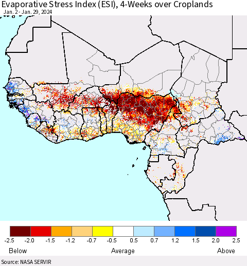 Western Africa Evaporative Stress Index (ESI), 4-Weeks over Croplands Thematic Map For 1/29/2024 - 2/4/2024