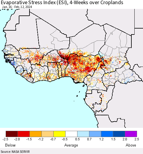 Western Africa Evaporative Stress Index (ESI), 4-Weeks over Croplands Thematic Map For 2/12/2024 - 2/18/2024