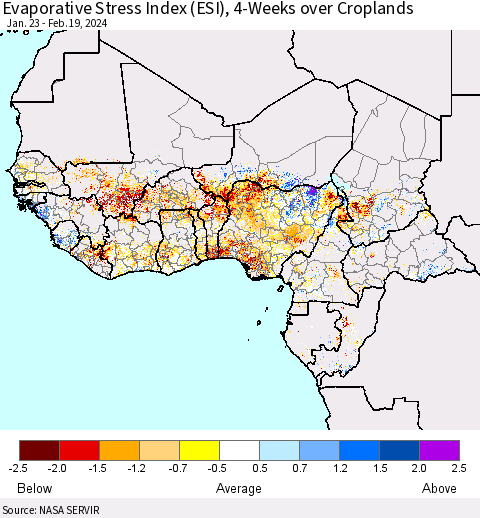 Western Africa Evaporative Stress Index (ESI), 4-Weeks over Croplands Thematic Map For 2/19/2024 - 2/25/2024