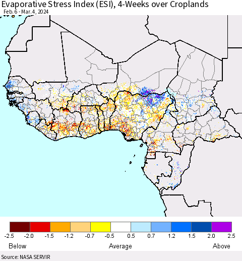 Western Africa Evaporative Stress Index (ESI), 4-Weeks over Croplands Thematic Map For 3/4/2024 - 3/10/2024