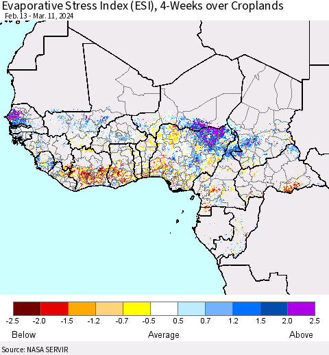Western Africa Evaporative Stress Index (ESI), 4-Weeks over Croplands Thematic Map For 3/11/2024 - 3/17/2024