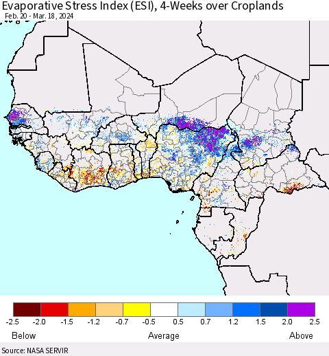 Western Africa Evaporative Stress Index (ESI), 4-Weeks over Croplands Thematic Map For 3/18/2024 - 3/24/2024