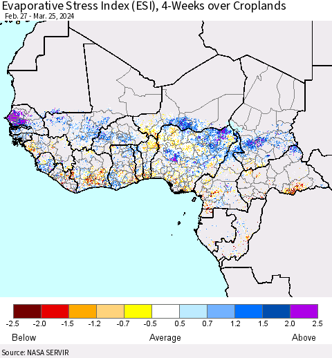 Western Africa Evaporative Stress Index (ESI), 4-Weeks over Croplands Thematic Map For 3/25/2024 - 3/31/2024