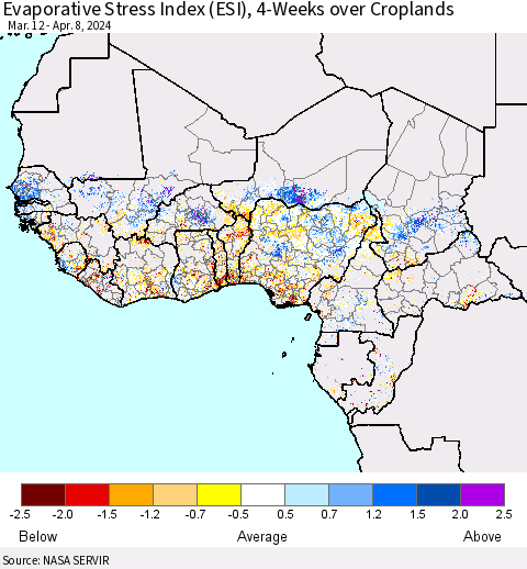 Western Africa Evaporative Stress Index (ESI), 4-Weeks over Croplands Thematic Map For 4/8/2024 - 4/14/2024