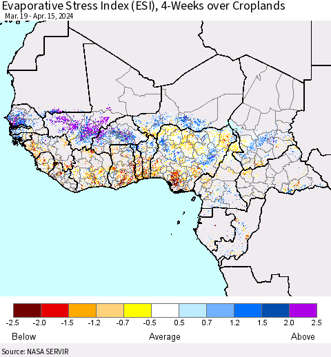 Western Africa Evaporative Stress Index (ESI), 4-Weeks over Croplands Thematic Map For 4/15/2024 - 4/21/2024