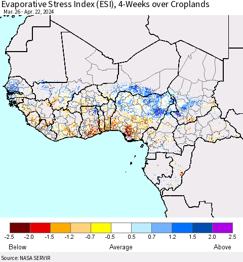 Western Africa Evaporative Stress Index (ESI), 4-Weeks over Croplands Thematic Map For 4/22/2024 - 4/28/2024