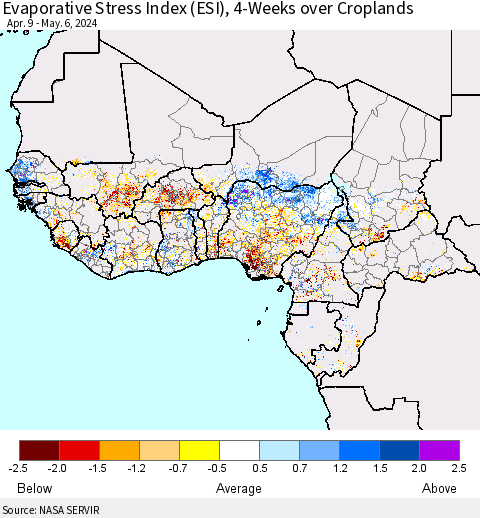 Western Africa Evaporative Stress Index (ESI), 4-Weeks over Croplands Thematic Map For 5/6/2024 - 5/12/2024