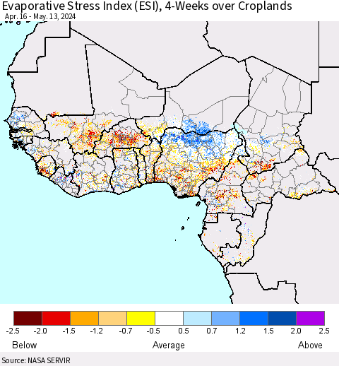 Western Africa Evaporative Stress Index (ESI), 4-Weeks over Croplands Thematic Map For 5/13/2024 - 5/19/2024