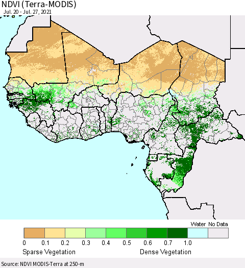 Western Africa NDVI (Terra-MODIS) Thematic Map For 7/20/2021 - 7/27/2021