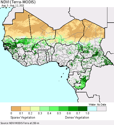 Western Africa NDVI (Terra-MODIS) Thematic Map For 8/5/2021 - 8/12/2021
