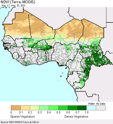 Western Africa NDVI (Terra-MODIS) Thematic Map For 8/13/2021 - 8/20/2021
