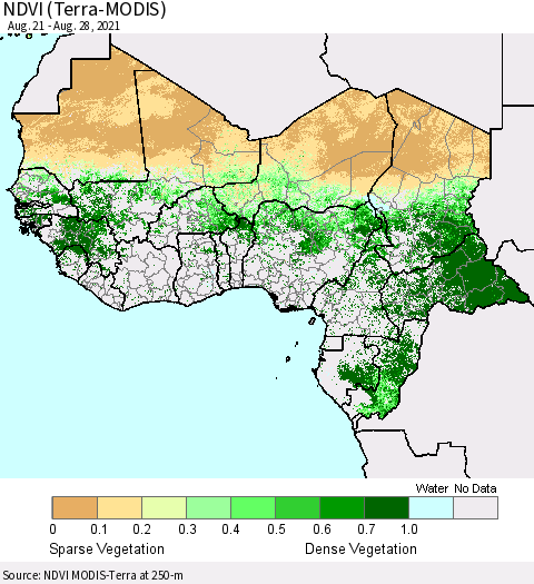 Western Africa NDVI (Terra-MODIS) Thematic Map For 8/21/2021 - 8/28/2021