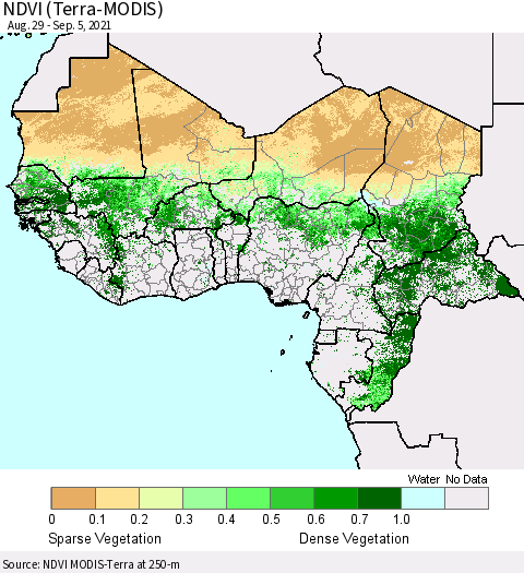Western Africa NDVI (Terra-MODIS) Thematic Map For 8/29/2021 - 9/5/2021