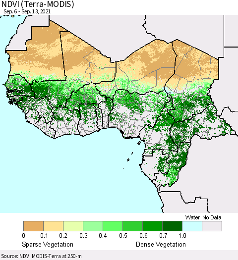 Western Africa NDVI (Terra-MODIS) Thematic Map For 9/6/2021 - 9/13/2021