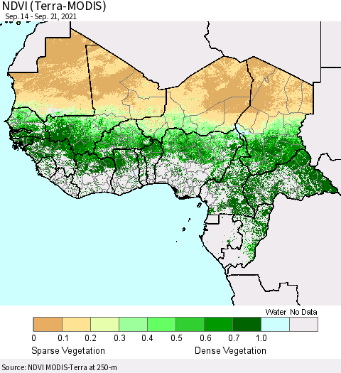 Western Africa NDVI (Terra-MODIS) Thematic Map For 9/14/2021 - 9/21/2021