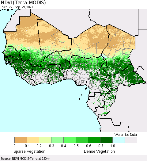 Western Africa NDVI (Terra-MODIS) Thematic Map For 9/22/2021 - 9/29/2021