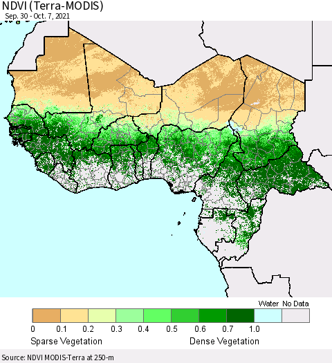 Western Africa NDVI (Terra-MODIS) Thematic Map For 9/30/2021 - 10/7/2021