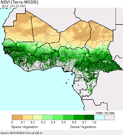 Western Africa NDVI (Terra-MODIS) Thematic Map For 10/8/2021 - 10/15/2021