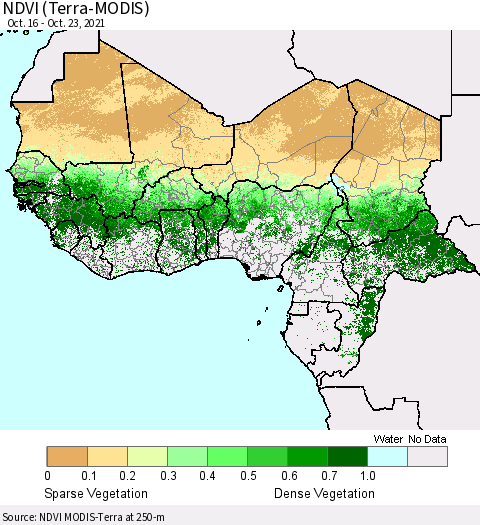 Western Africa NDVI (Terra-MODIS) Thematic Map For 10/16/2021 - 10/23/2021