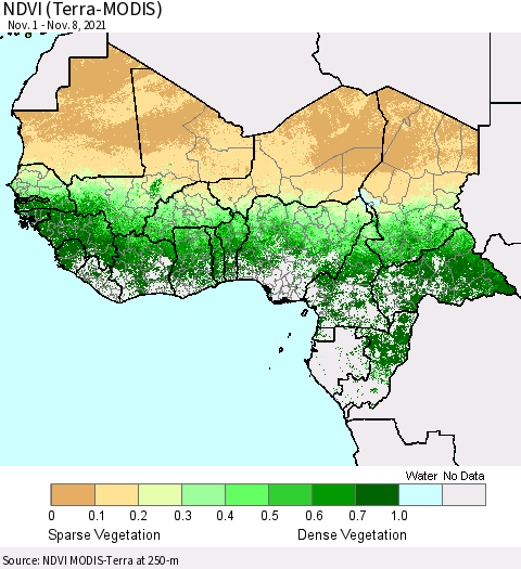 Western Africa NDVI (Terra-MODIS) Thematic Map For 11/1/2021 - 11/8/2021