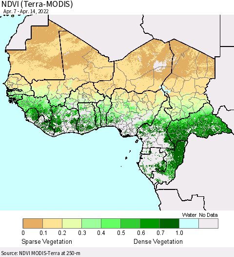 Western Africa NDVI (Terra-MODIS) Thematic Map For 4/7/2022 - 4/14/2022