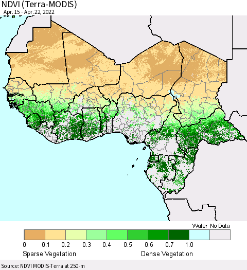 Western Africa NDVI (Terra-MODIS) Thematic Map For 4/15/2022 - 4/22/2022
