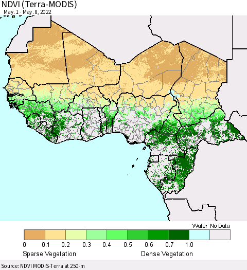Western Africa NDVI (Terra-MODIS) Thematic Map For 5/1/2022 - 5/8/2022