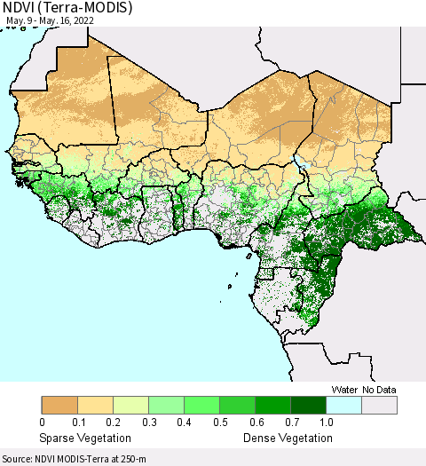 Western Africa NDVI (Terra-MODIS) Thematic Map For 5/9/2022 - 5/16/2022