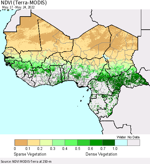 Western Africa NDVI (Terra-MODIS) Thematic Map For 5/17/2022 - 5/24/2022