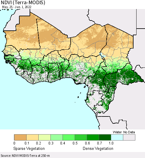 Western Africa NDVI (Terra-MODIS) Thematic Map For 5/25/2022 - 6/1/2022