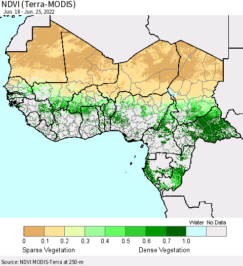 Western Africa NDVI (Terra-MODIS) Thematic Map For 6/18/2022 - 6/25/2022