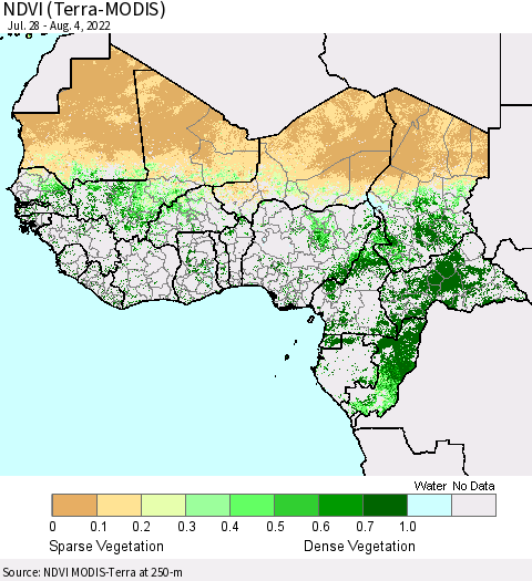 Western Africa NDVI (Terra-MODIS) Thematic Map For 7/28/2022 - 8/4/2022