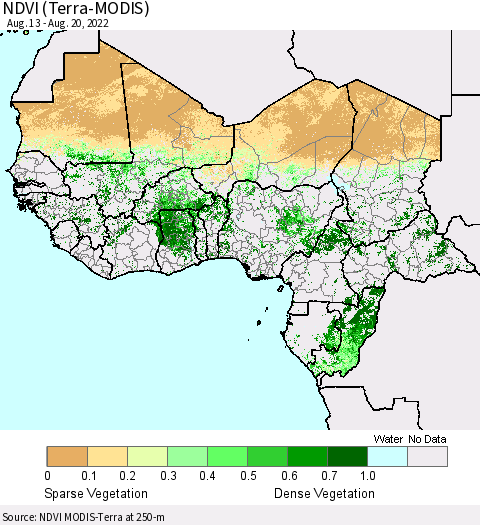 Western Africa NDVI (Terra-MODIS) Thematic Map For 8/13/2022 - 8/20/2022