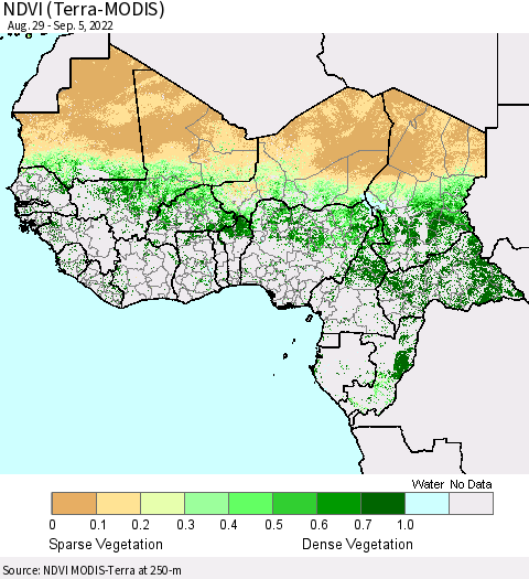 Western Africa NDVI (Terra-MODIS) Thematic Map For 8/29/2022 - 9/5/2022