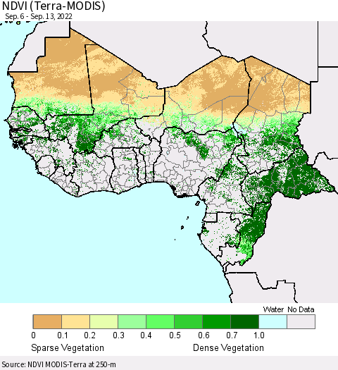 Western Africa NDVI (Terra-MODIS) Thematic Map For 9/6/2022 - 9/13/2022